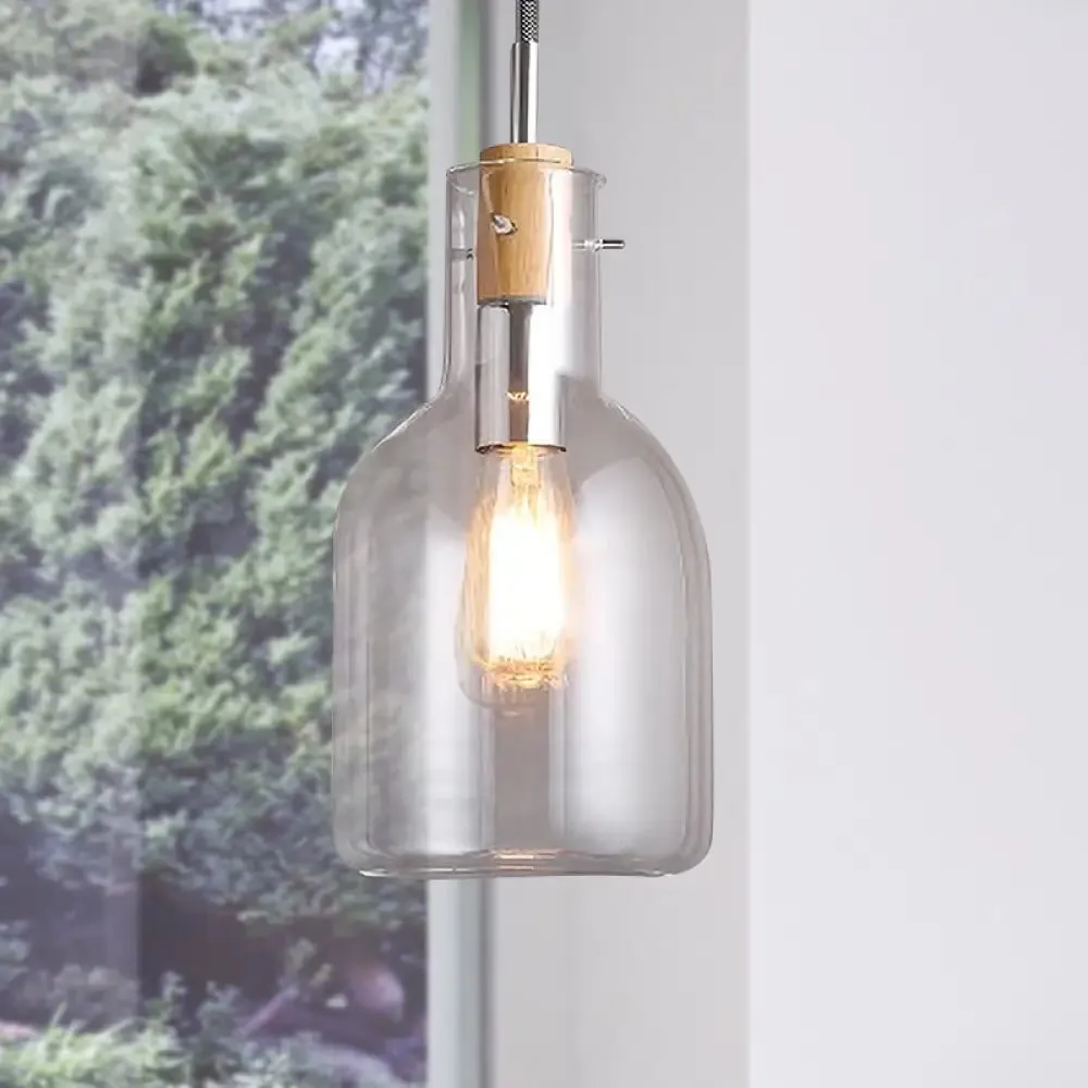 Modern Clear Glass Pendant Light in Polished Chrome - Ellipsoidal/Cone/Bottle Shape - 1 Light Hanging Ceiling Lamp