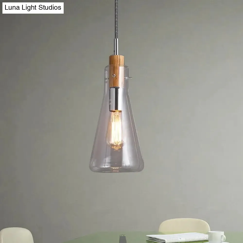 Modern Clear Glass Pendant Light in Polished Chrome - Ellipsoidal/Cone/Bottle Shape - 1 Light Hanging Ceiling Lamp