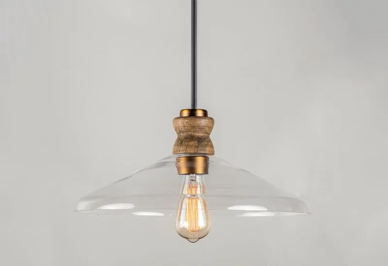 Nelson 16" Single Light Pendant in Weathered Oak and Antique Brass