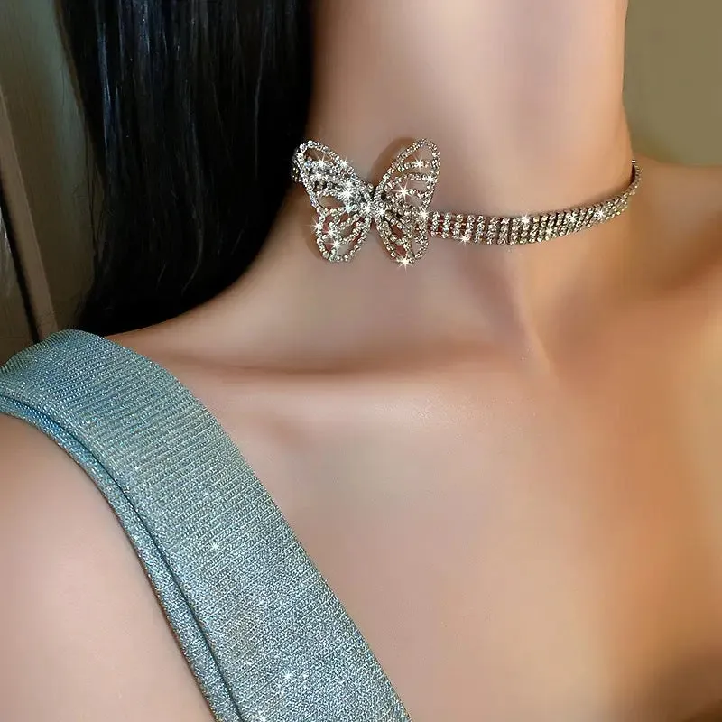 New French Style Butterfly Choker Necklace Rhinestone