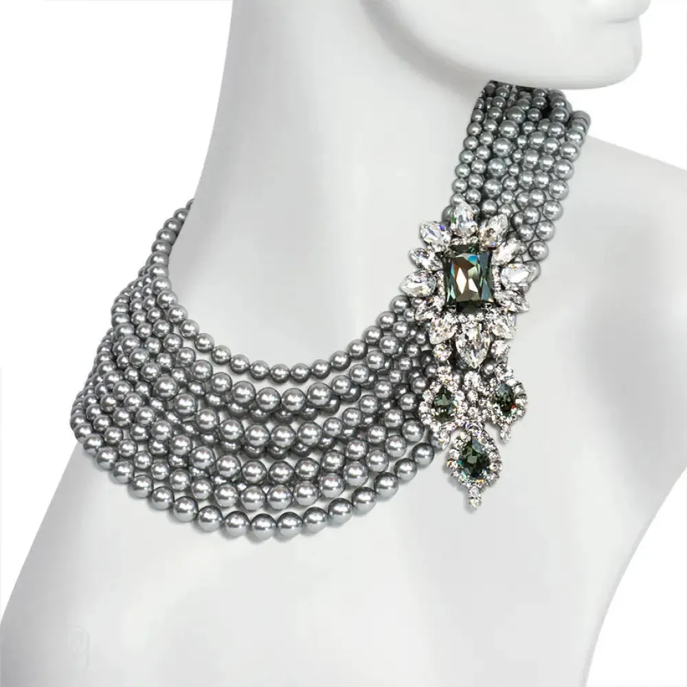 Nine-row Swarovski grey pearl necklace with clear and black diamond cluster side element