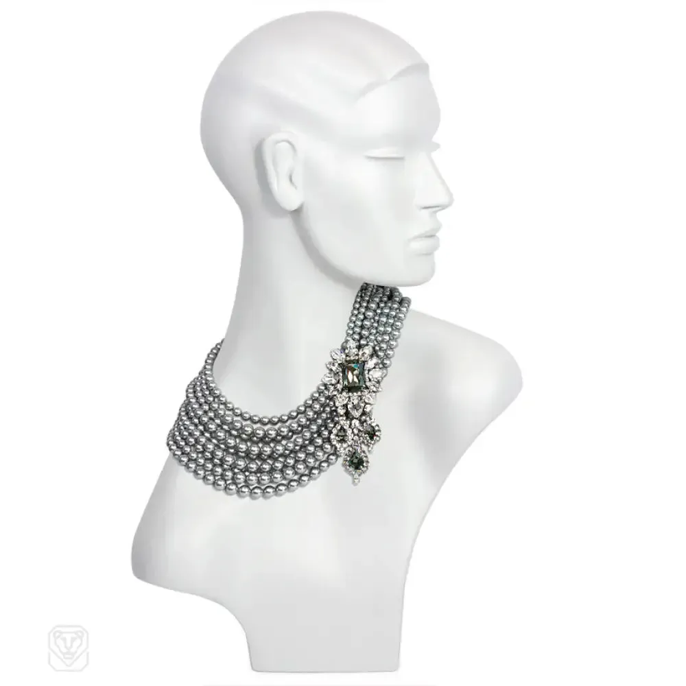 Nine-row Swarovski grey pearl necklace with clear and black diamond cluster side element