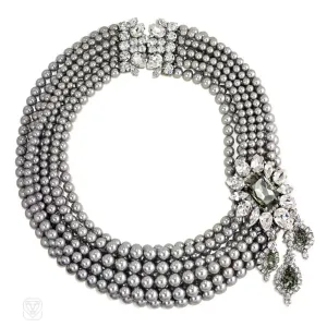 Nine-row Swarovski grey pearl necklace with clear and black diamond cluster side element