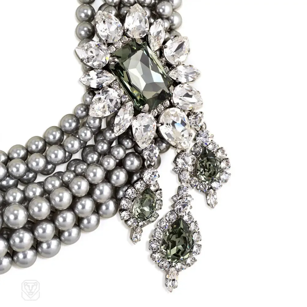 Nine-row Swarovski grey pearl necklace with clear and black diamond cluster side element