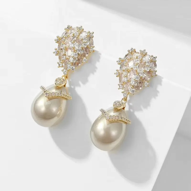 Oressa - Pearl and Cubic Zirconia Bridal Earrings - Available in Silver and Gold