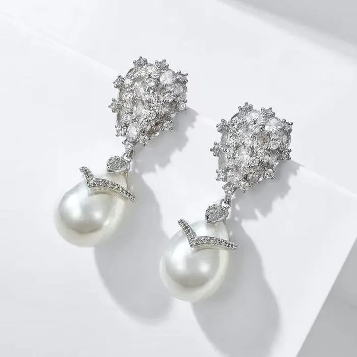 Oressa - Pearl and Cubic Zirconia Bridal Earrings - Available in Silver and Gold