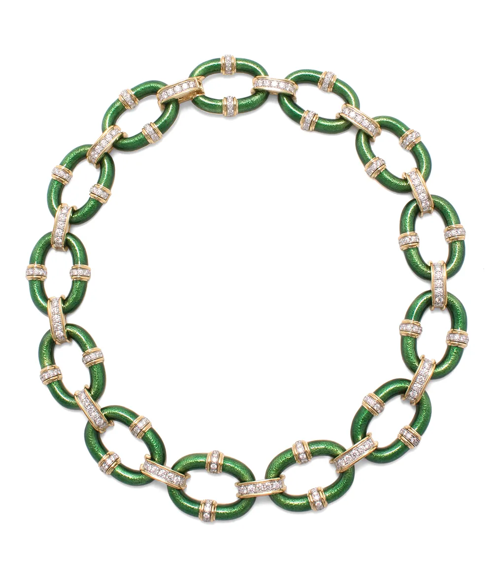 Oval Link Necklace, Green Enamel