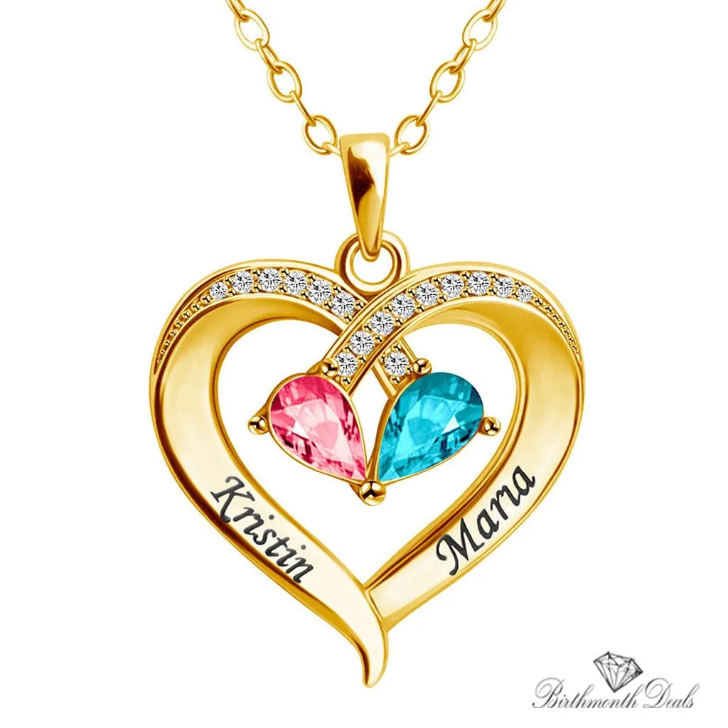 Personalized Heart Pendant Necklace with 2 Birthstones - Custom Engraved