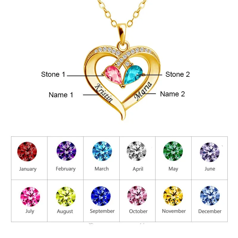 Personalized Heart Pendant Necklace with 2 Birthstones - Custom Engraved