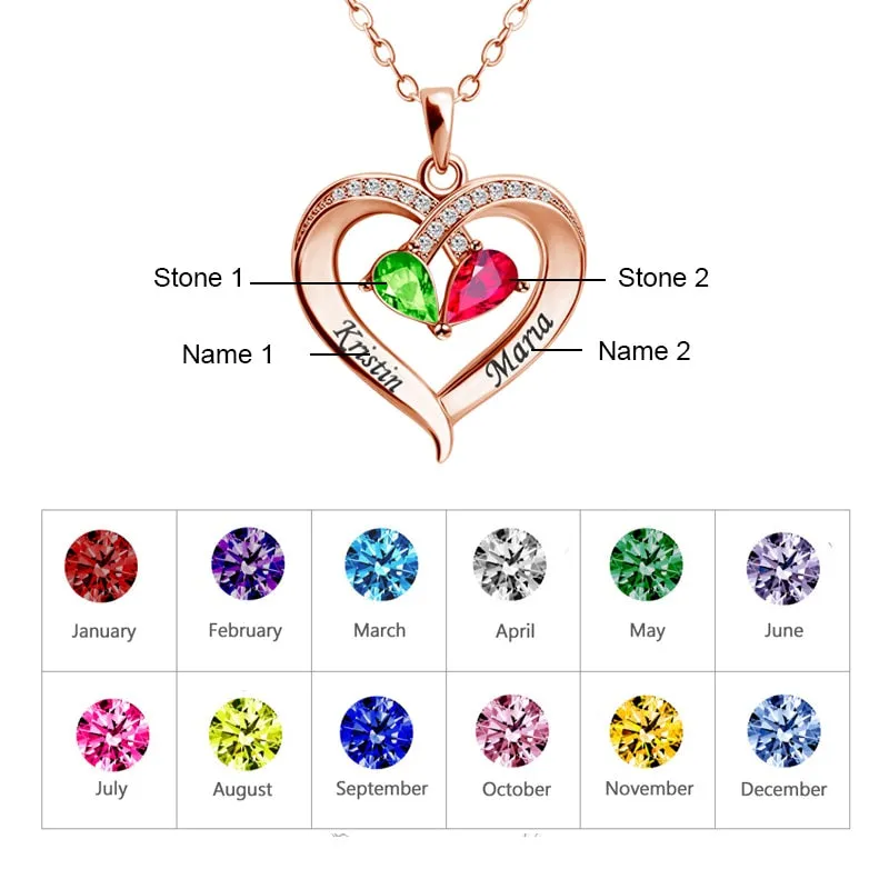 Personalized Heart Pendant Necklace with 2 Birthstones - Custom Engraved