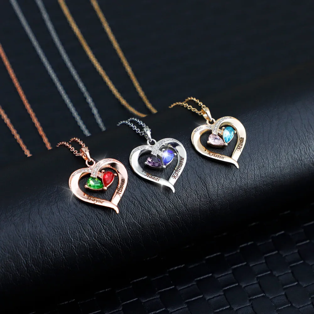 Personalized Heart Pendant Necklace with 2 Birthstones - Custom Engraved