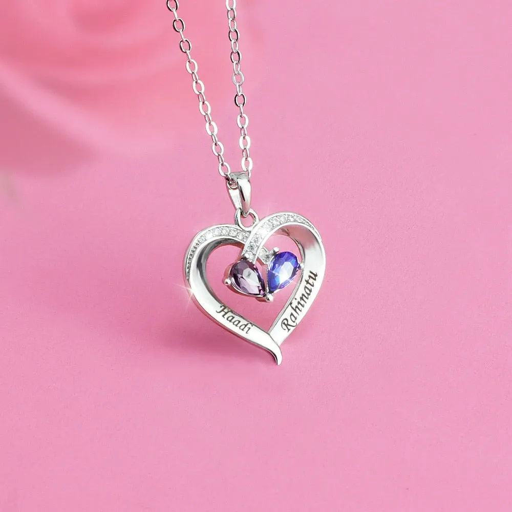 Personalized Heart Pendant Necklace with 2 Birthstones - Custom Engraved