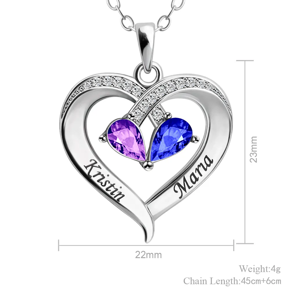 Personalized Heart Pendant Necklace with 2 Birthstones - Custom Engraved