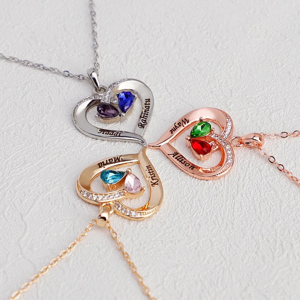 Personalized Heart Pendant Necklace with 2 Birthstones - Custom Engraved