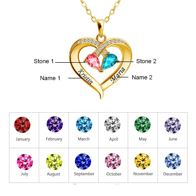 Personalized Heart Pendant Necklace with 2 Birthstones - Custom Engraved