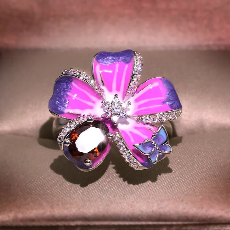 Purple Flower and Butterfly Enamel Ring for Women with Zircon in Silver Color