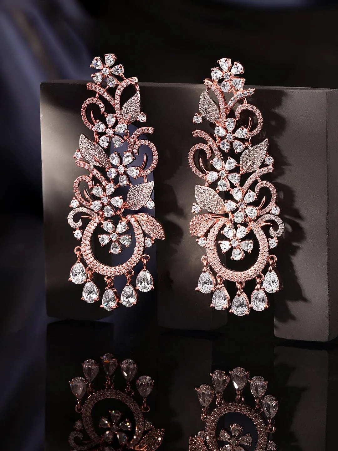 Rubans 18k Rose Gold Plated Zirconia Studded Chandelier Earrings