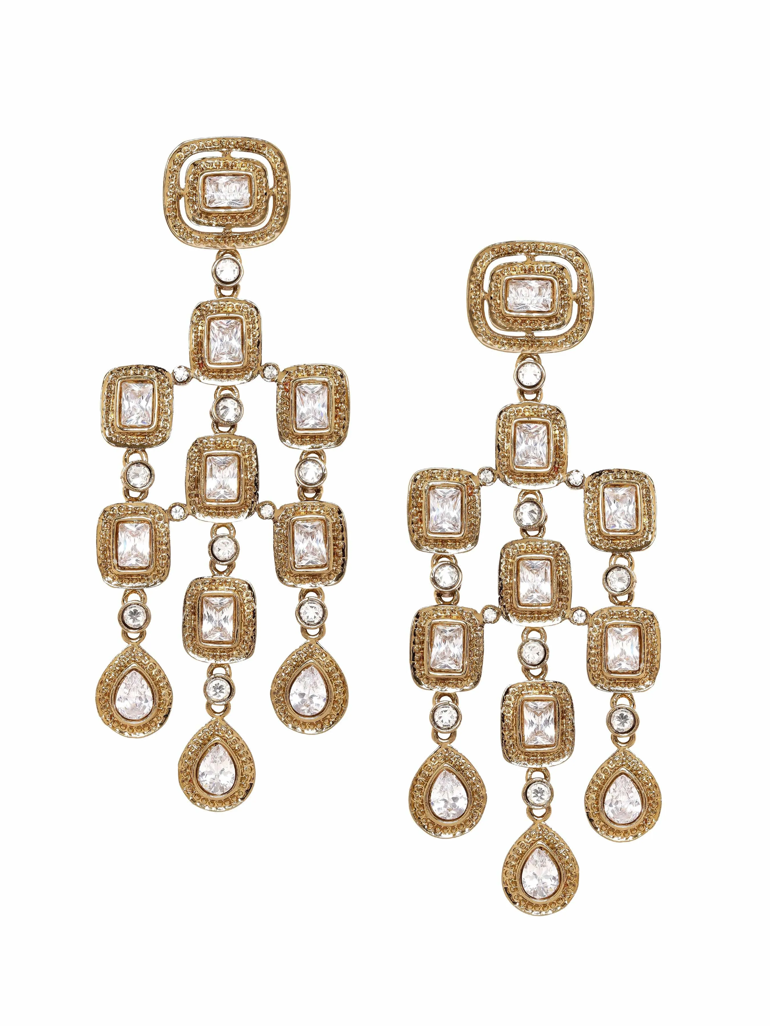 Rubans 22K Antique Gold Plated Zirconia Studded Chandelier Earrings