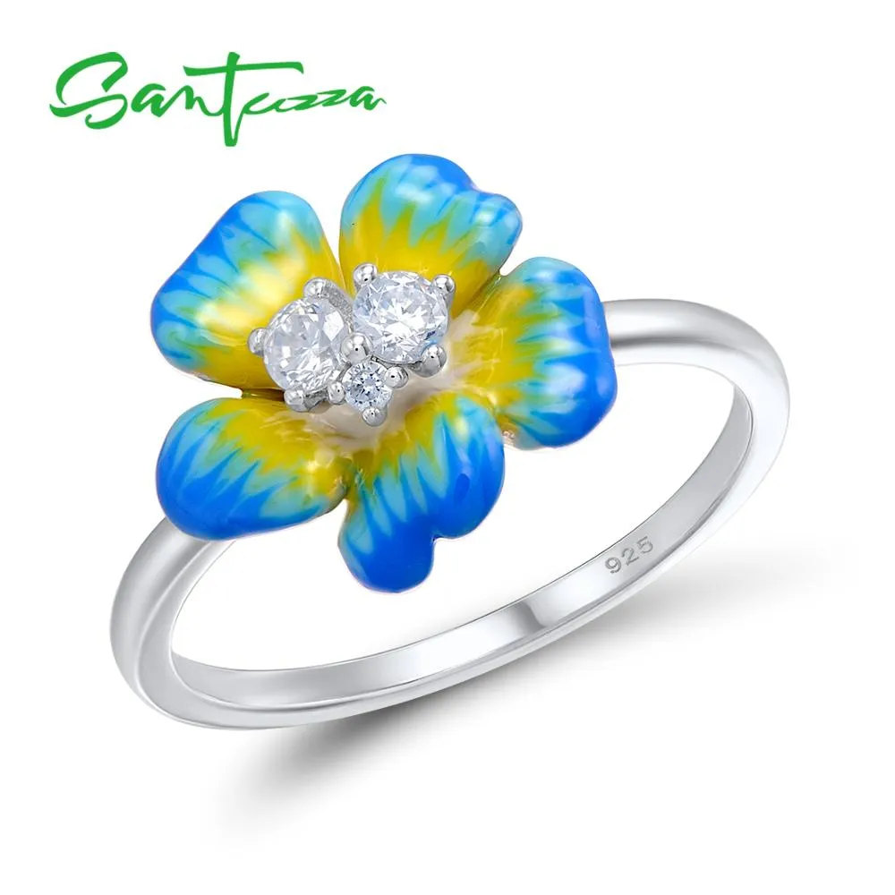 SANTUZZA Sterling Silver Elegant Blue Blooming Flower and Cubic Zirconia Ring