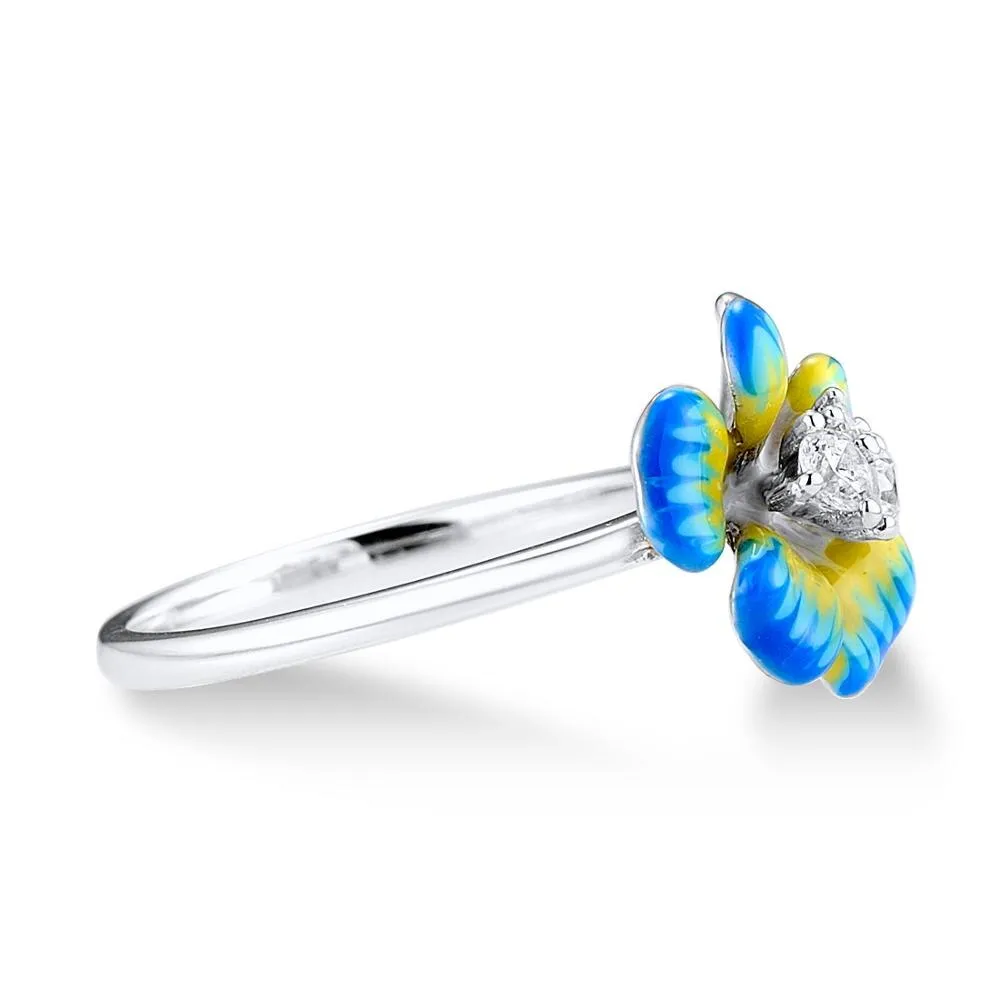 SANTUZZA Sterling Silver Elegant Blue Blooming Flower and Cubic Zirconia Ring