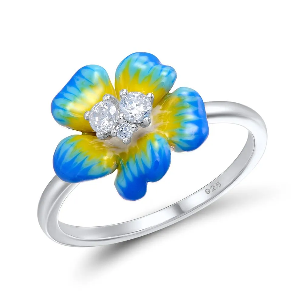 SANTUZZA Sterling Silver Elegant Blue Blooming Flower and Cubic Zirconia Ring