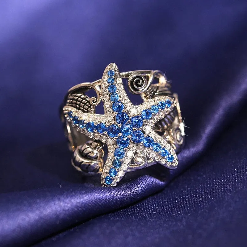 Sapphire Starfish Silver Ring