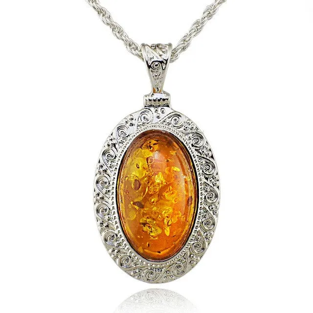 Silver Oval Baltic Faux Amber Honey Carved Exquisite Tibet Silver Pendant Necklace Fashion Jewelry