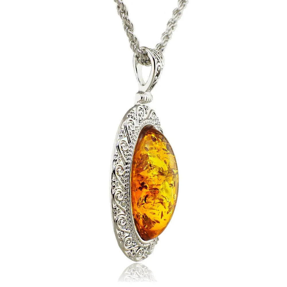 Silver Oval Baltic Faux Amber Honey Carved Exquisite Tibet Silver Pendant Necklace Fashion Jewelry