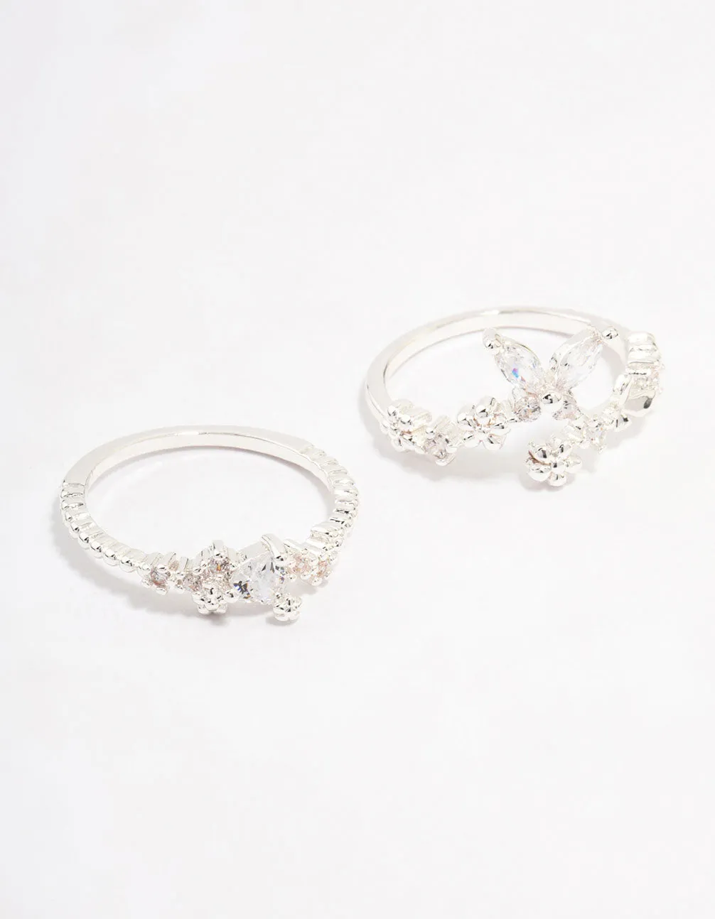 Silver Plated Floral Stone Stacking Rings