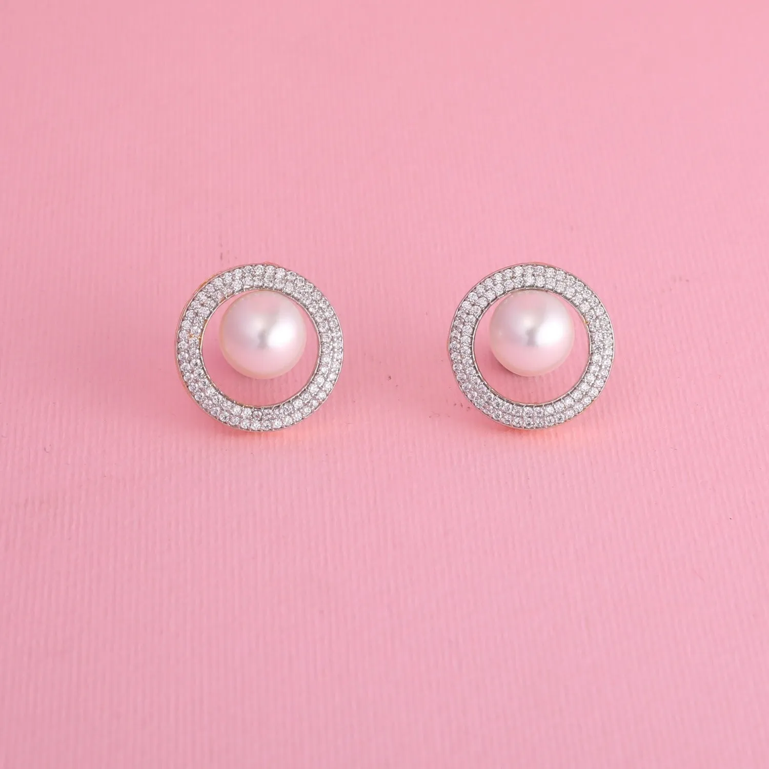 Simple Halo Pearl CZ Stud Earrings