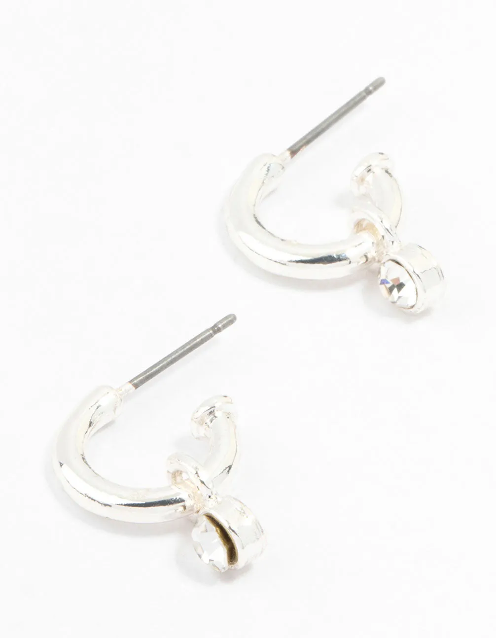 Simple Silver Diamante Huggie Charm Earrings