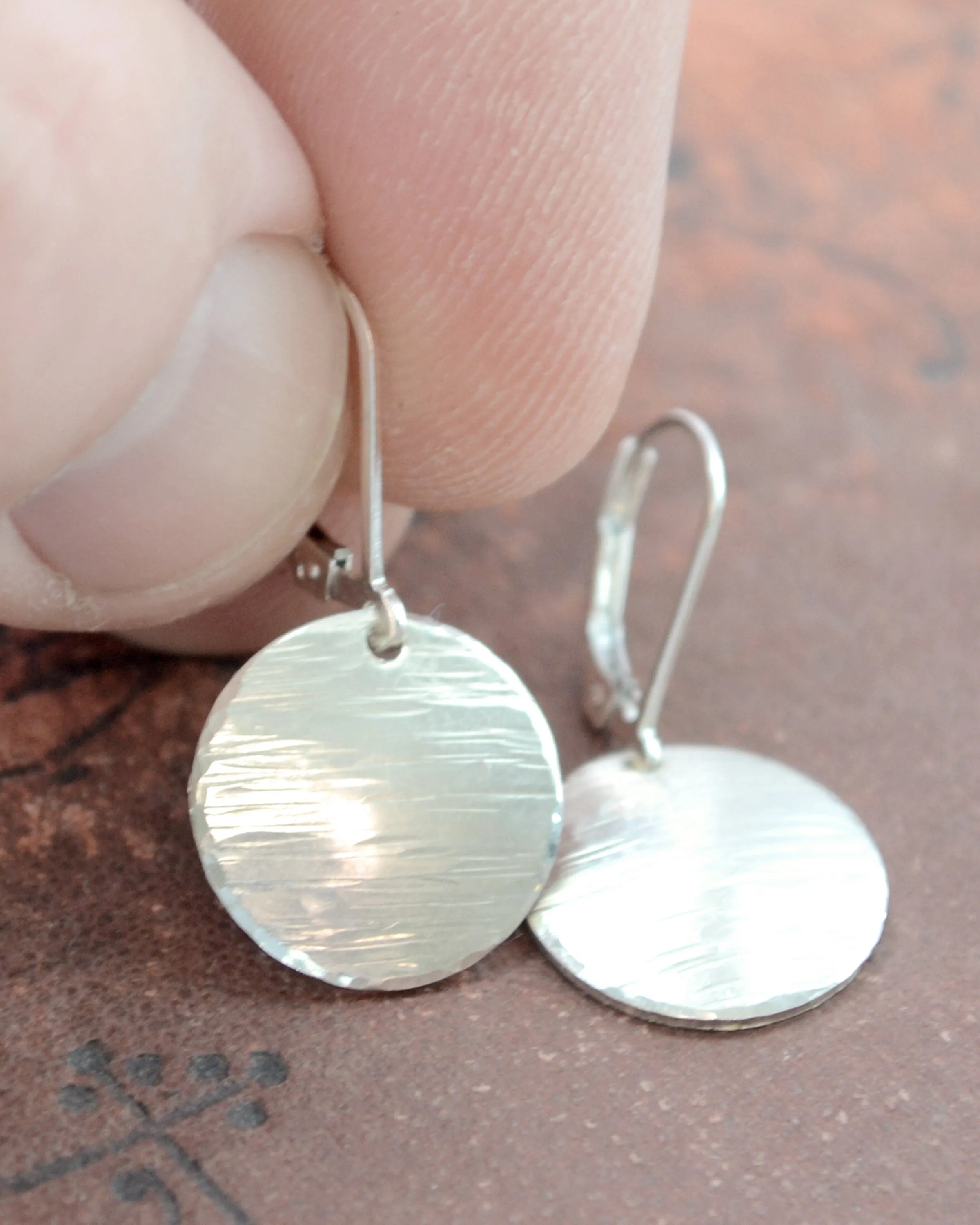 Simple silver textured disc rustic earrings, sterling silver understated earrings