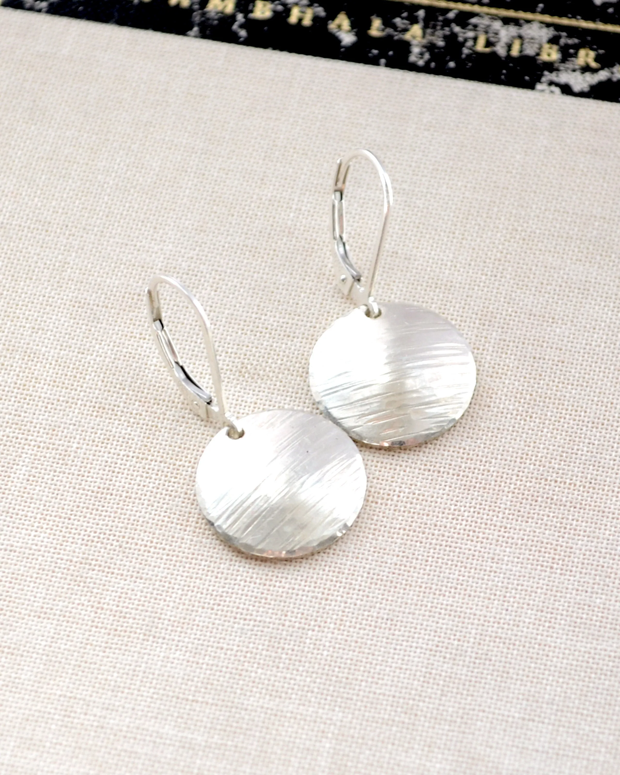 Simple silver textured disc rustic earrings, sterling silver understated earrings