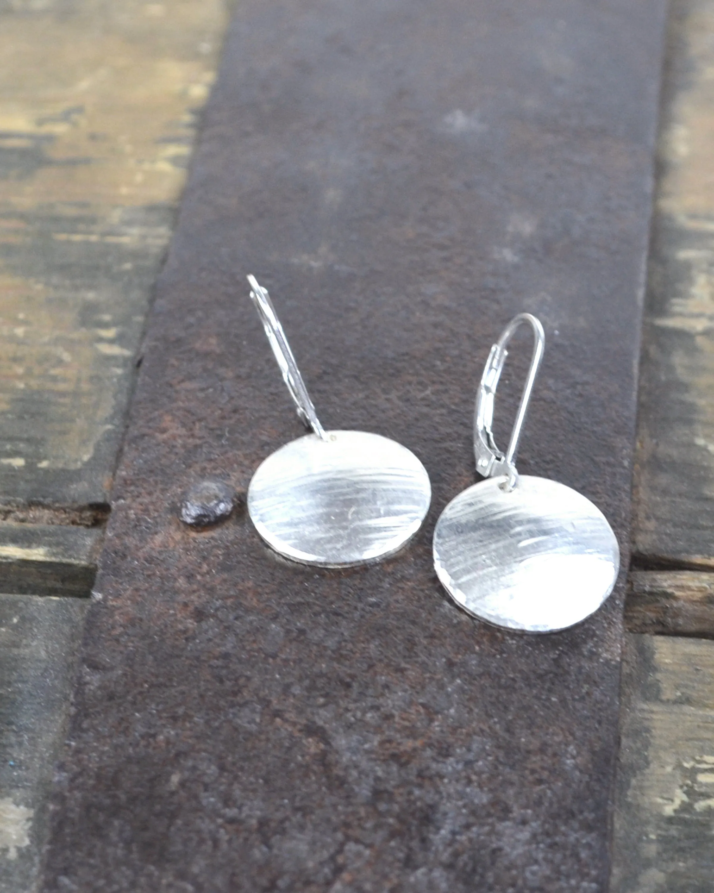 Simple silver textured disc rustic earrings, sterling silver understated earrings