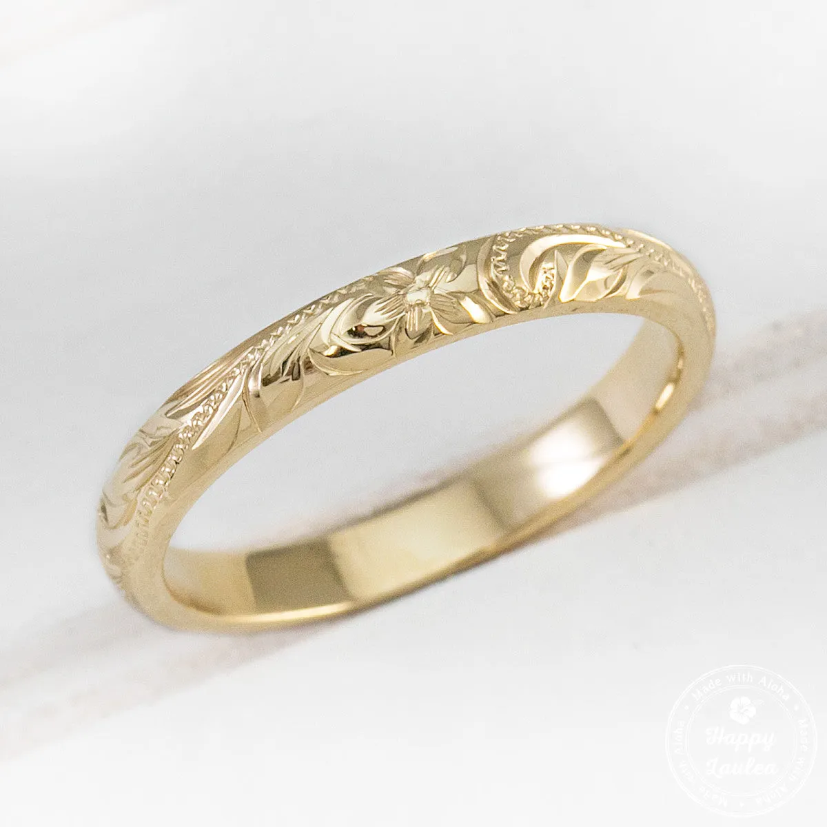 Solid Gold Hand Engraved Ring [2.5mm width] Old English Design - Barrel Shape