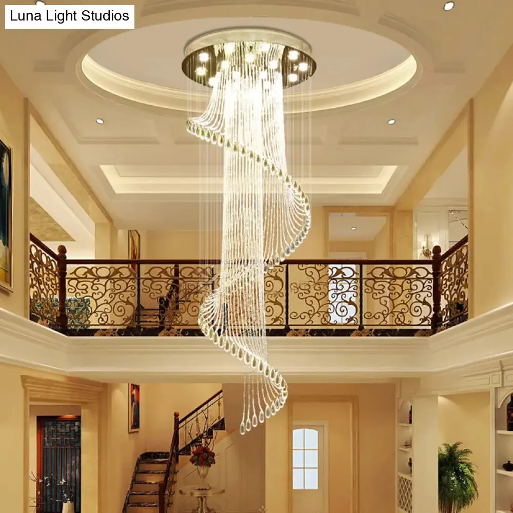 Spiral Waterfall Stairway Crystal Ball Suspension Lamp - Contemporary Design, 5-Bulb Clear Crystals