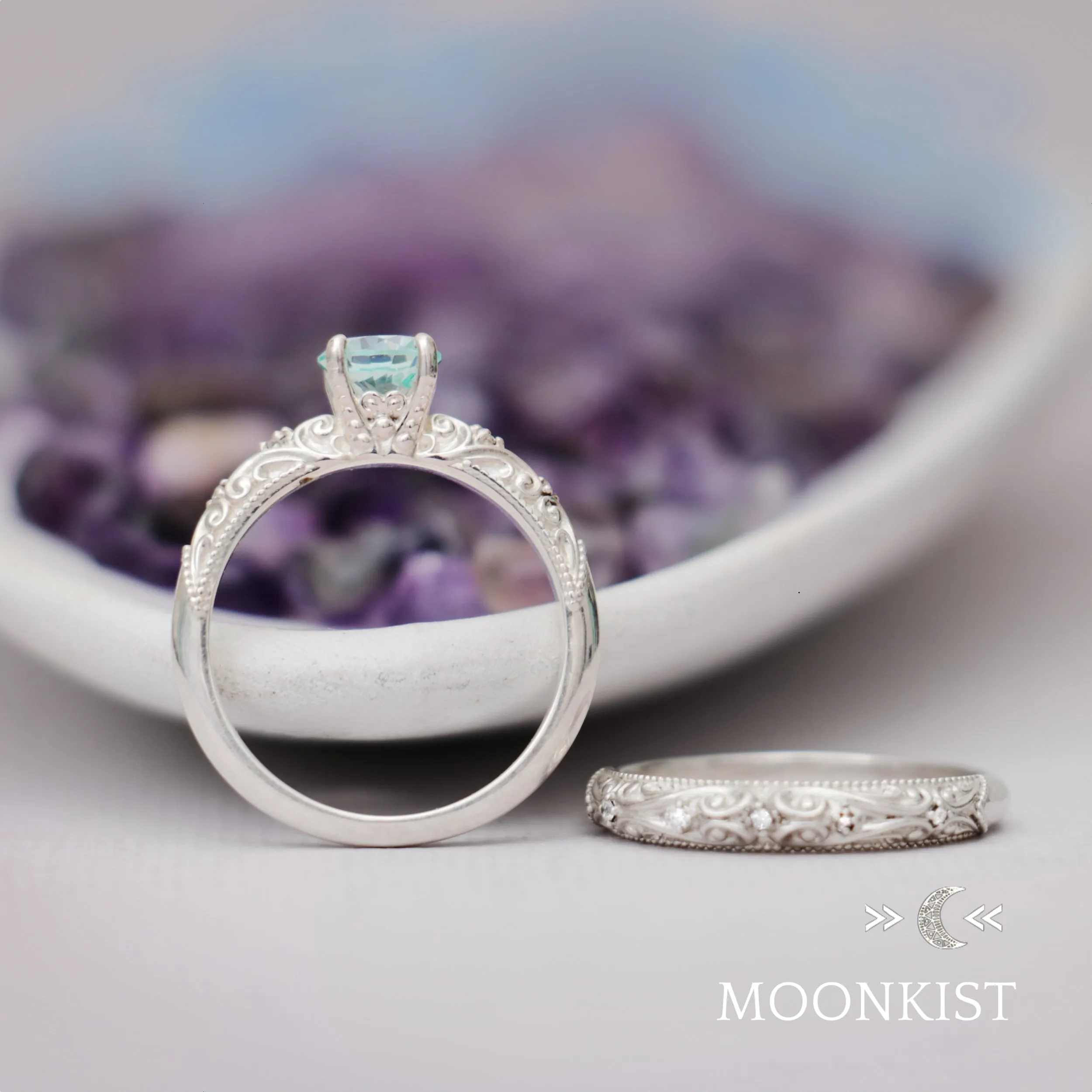 Sterling Silver Art Deco Engagement Ring Set | Moonkist Designs