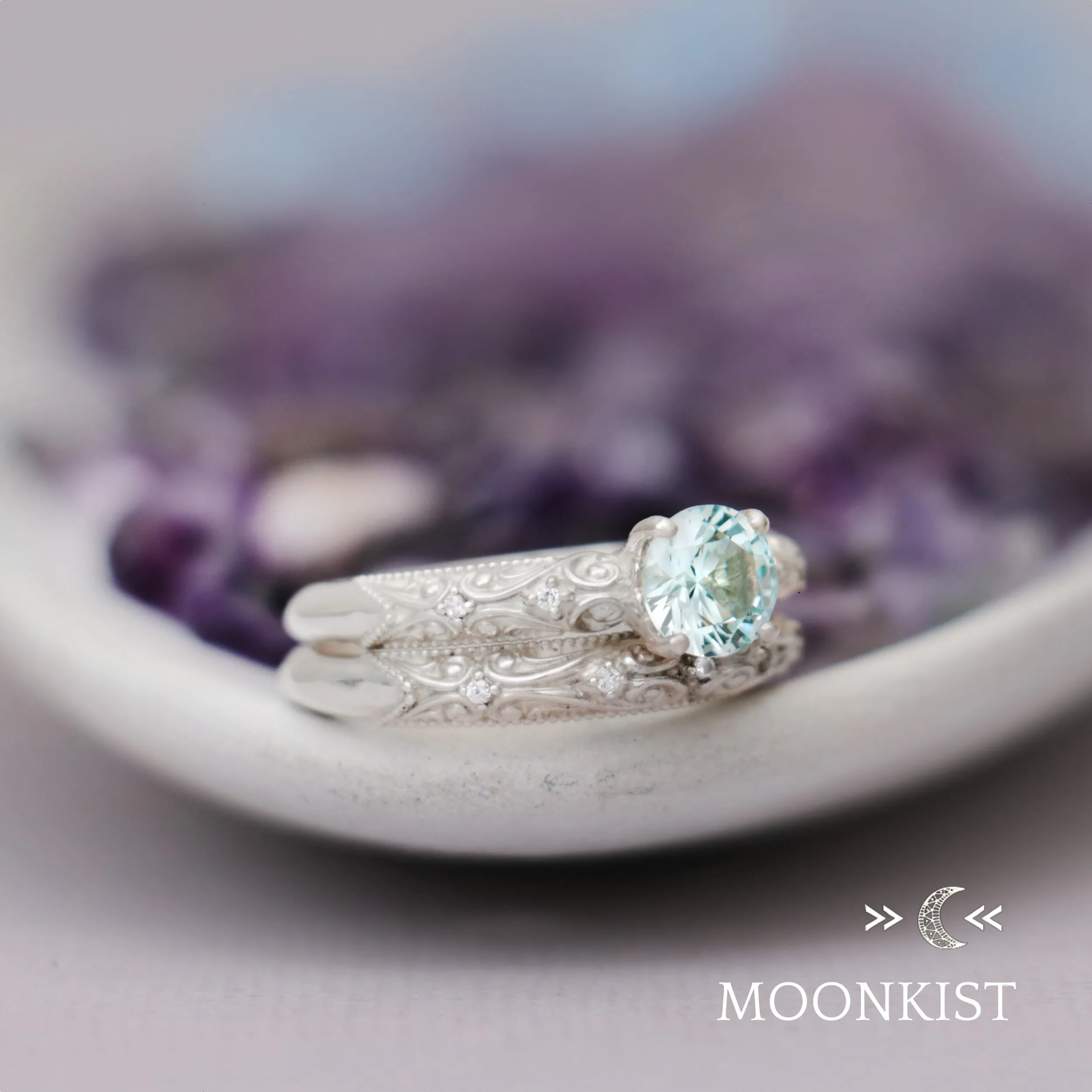 Sterling Silver Art Deco Engagement Ring Set | Moonkist Designs