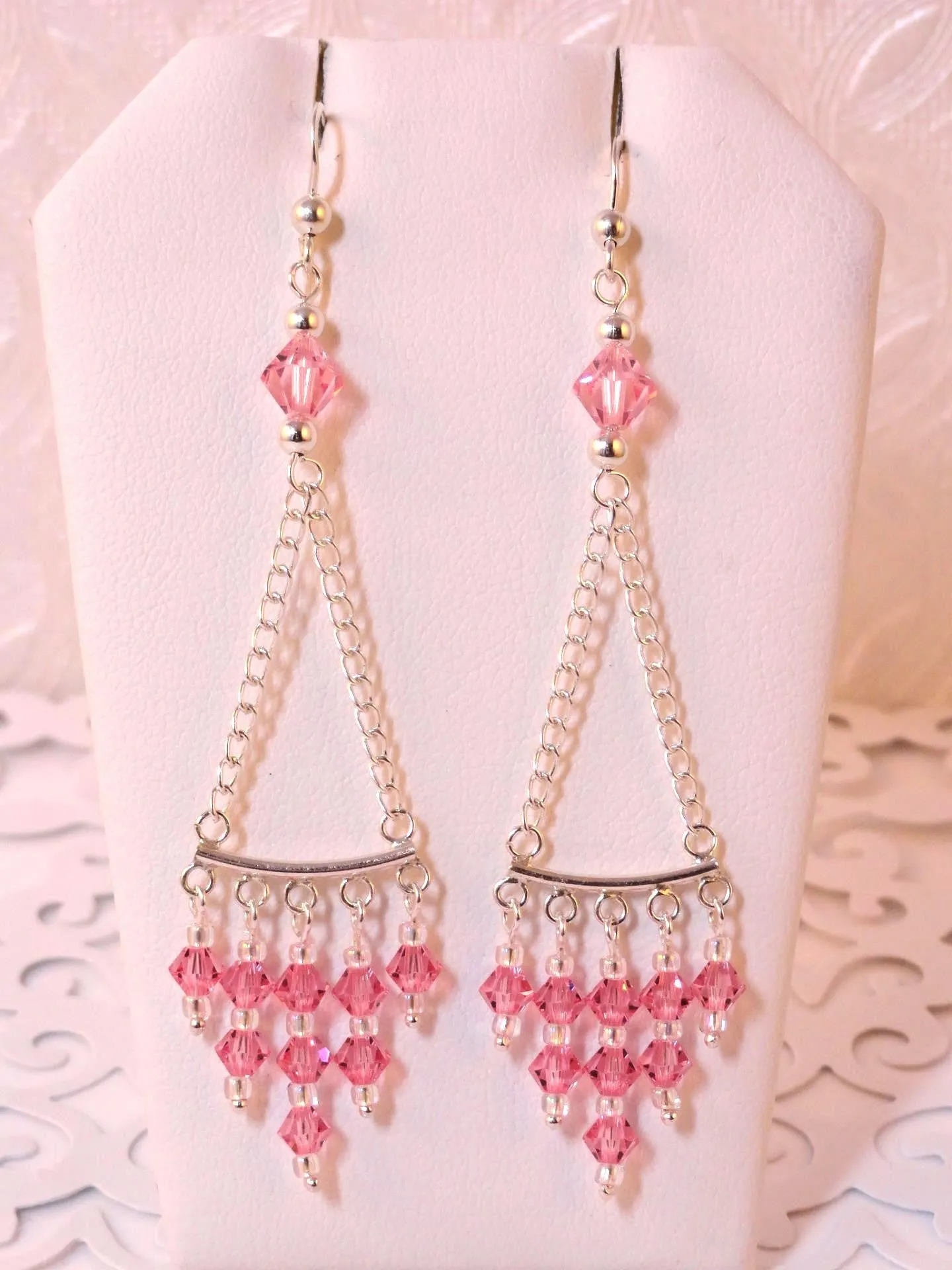 Swarovski Crystal Light Rose, Chandelier Earrings, set in 92.5 Sterling Silver