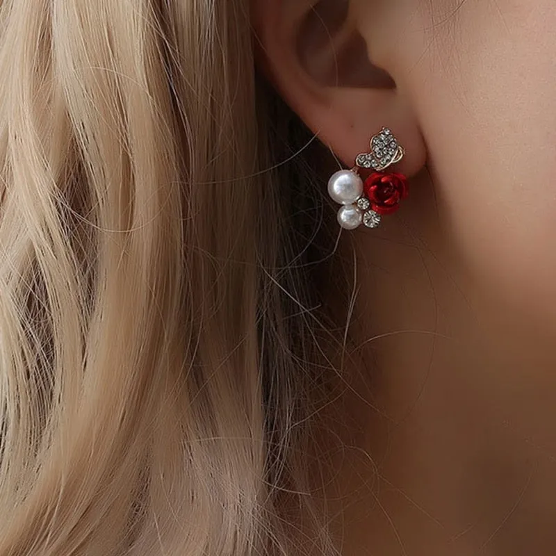 Sweet Jewelry Rose Stud Earrings For Women in Red Color