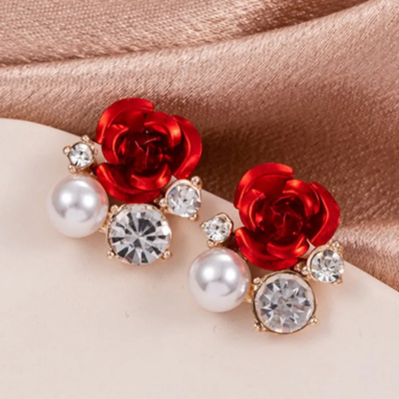 Sweet Jewelry Rose Stud Earrings For Women in Red Color