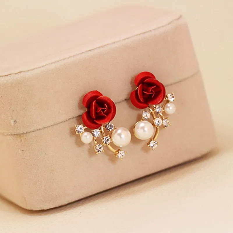 Sweet Jewelry Rose Stud Earrings For Women in Red Color