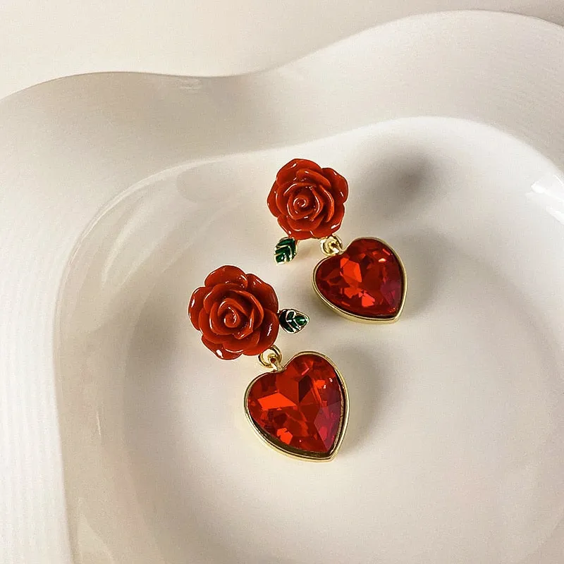 Sweet Jewelry Rose Stud Earrings For Women in Red Color