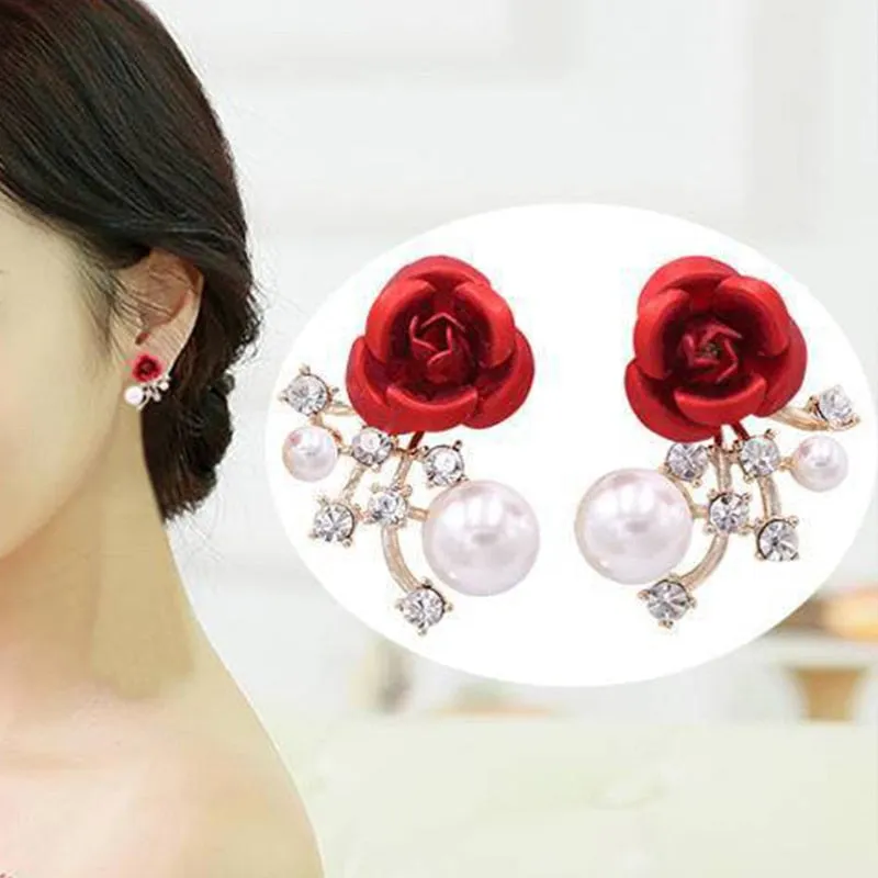 Sweet Jewelry Rose Stud Earrings For Women in Red Color