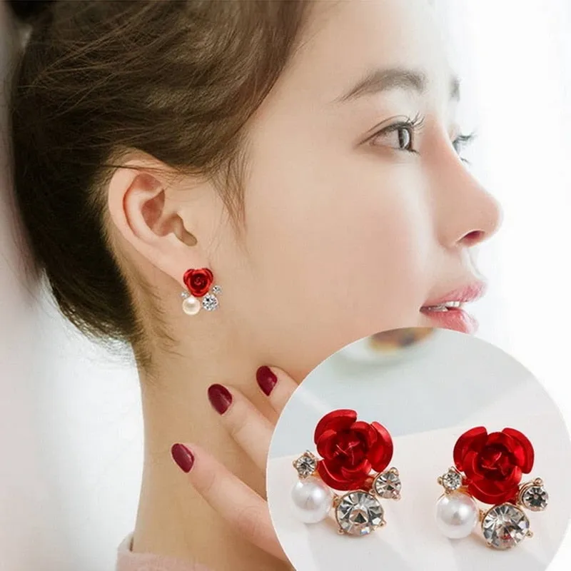 Sweet Jewelry Rose Stud Earrings For Women in Red Color