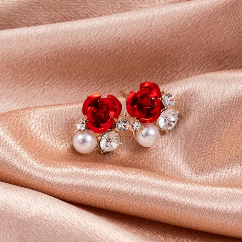 Sweet Jewelry Rose Stud Earrings For Women in Red Color