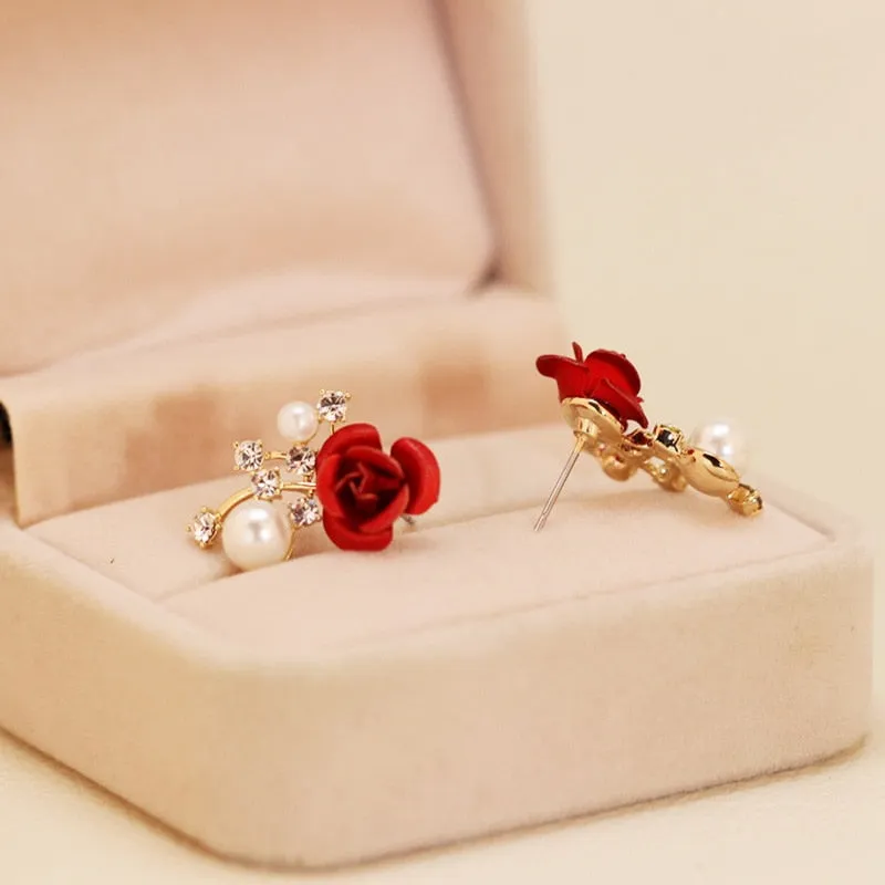 Sweet Jewelry Rose Stud Earrings For Women in Red Color