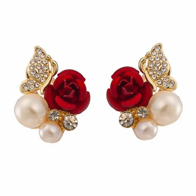 Sweet Jewelry Rose Stud Earrings For Women in Red Color