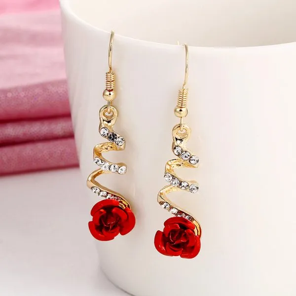 Sweet Jewelry Rose Stud Earrings For Women in Red Color