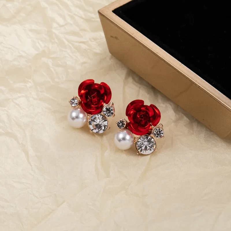 Sweet Jewelry Rose Stud Earrings For Women in Red Color